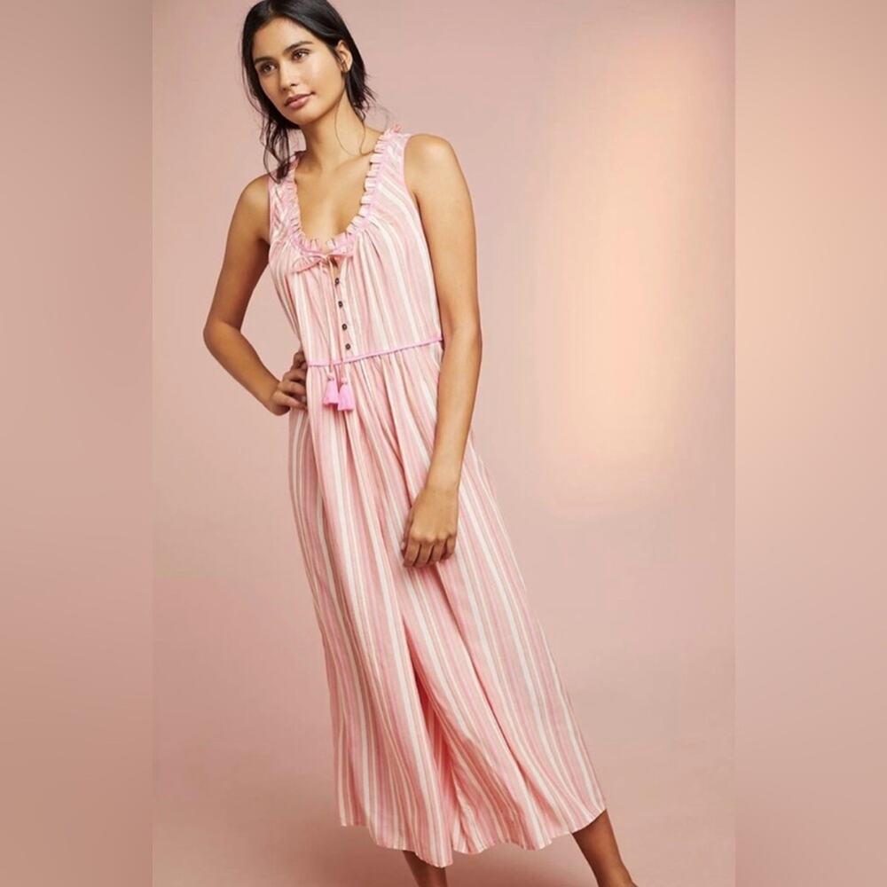NWOT Anthropologie Visayas Boho Relaxed Striped Wide Leg Jumpsuit Pink Size Lrg